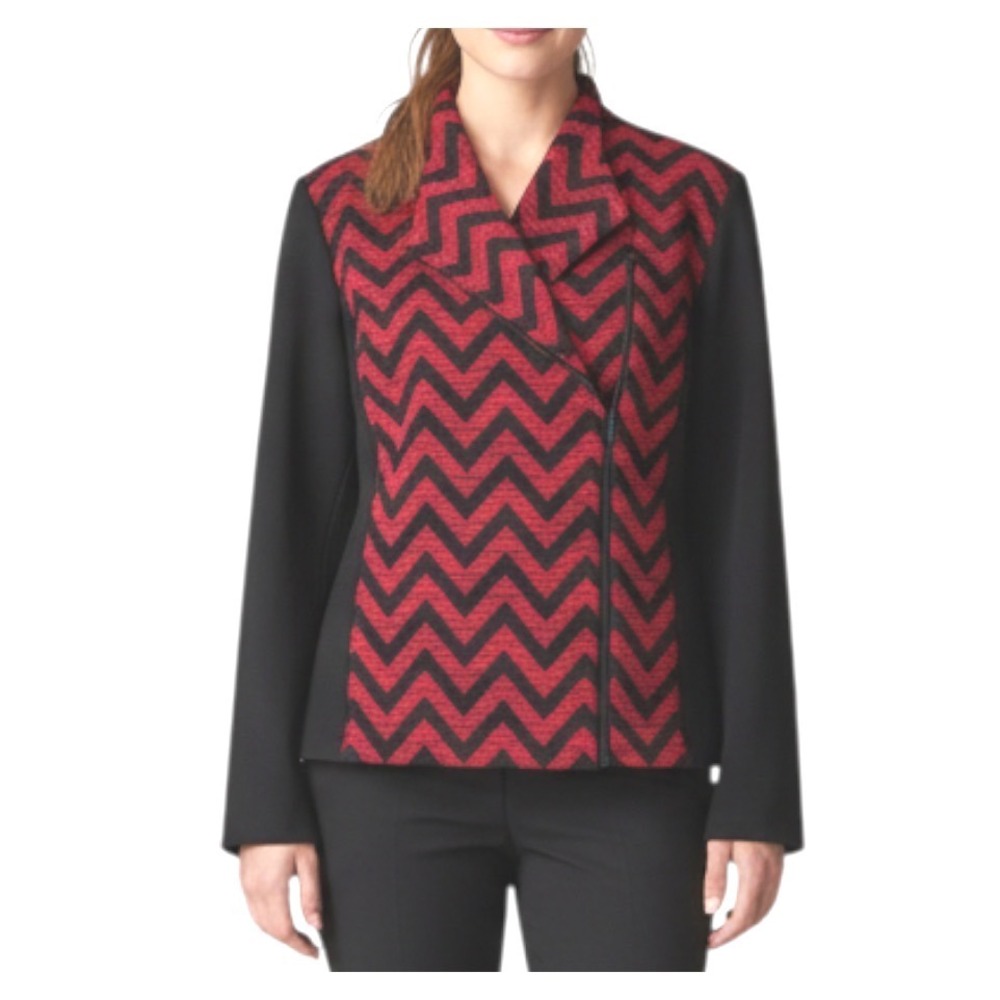 CHICO'S JACKET TOP Black/Red Chevron Jacquard Knit ASYMMETRIC MOTO ZIPPER sz M/1